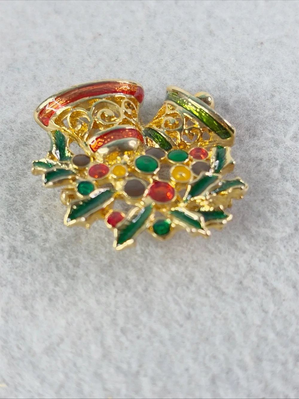 Christopher Radko Christmas Bell Brooch Pin Gold Tone & Enamel Holiday Festive